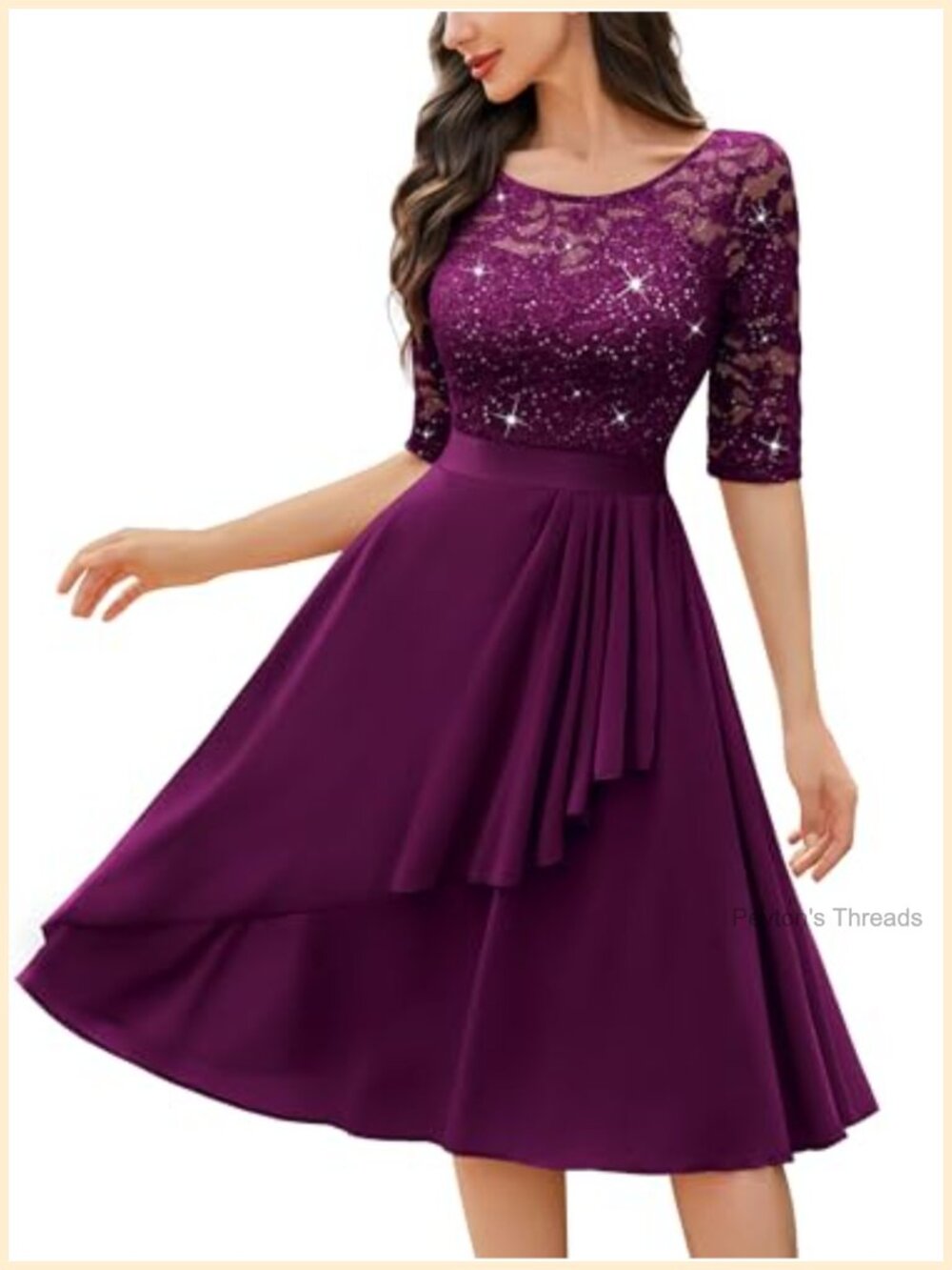 Scoop Neck Pleated Sequin Lace Half Sleeve A-Line Cocktail Dress